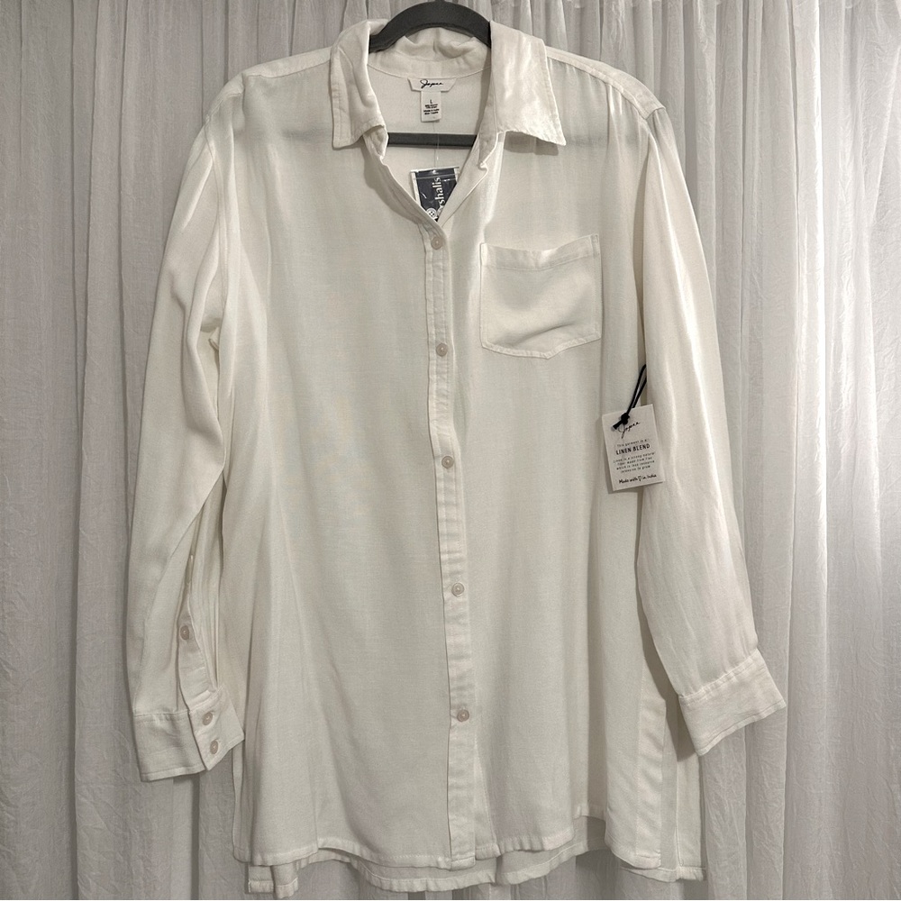 Japna Linen Blend Marshall’s White Button Down Collared Dress Shirt Side Slits